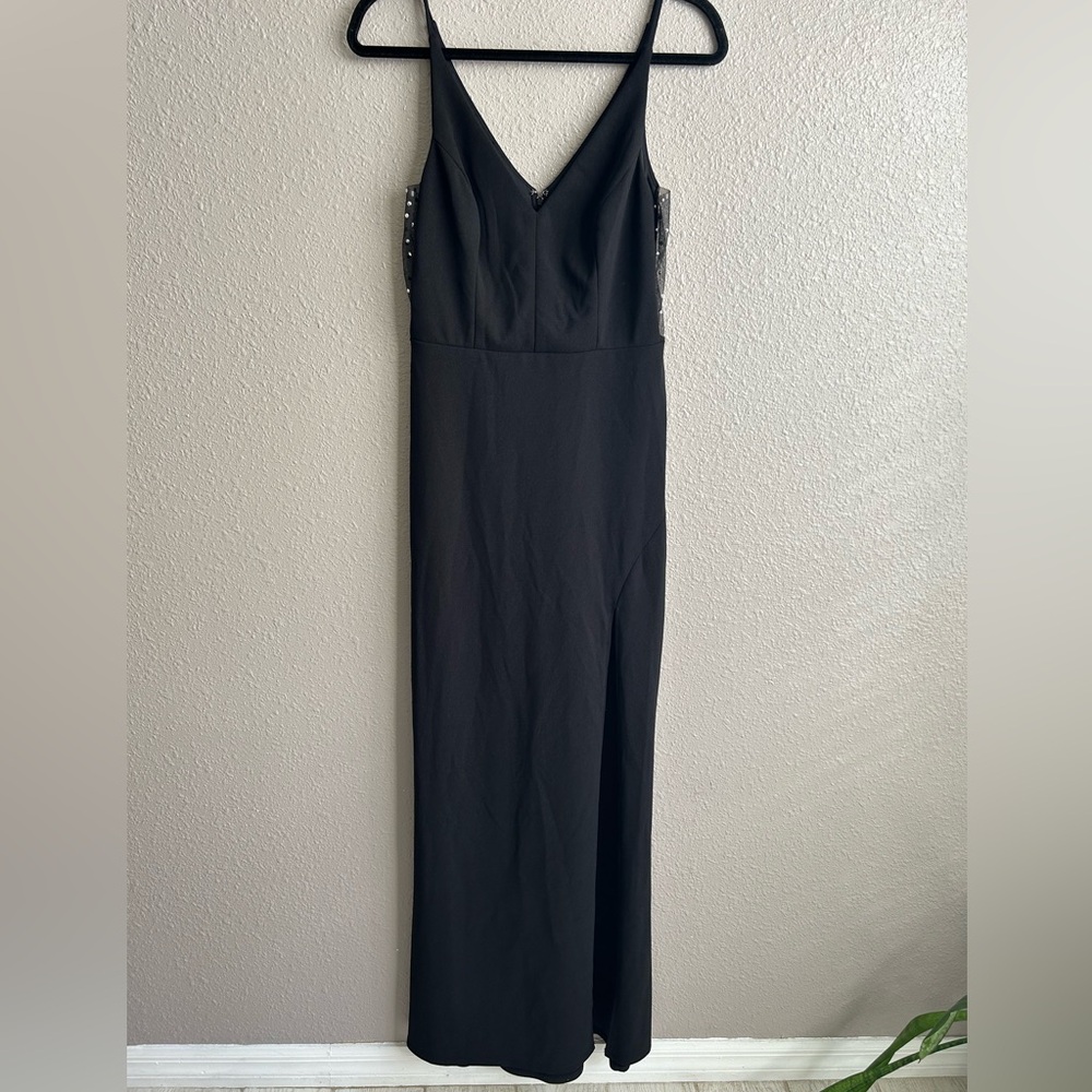 Social Couture black maxi tank dress mesh rhinestone sides high‎ front slit